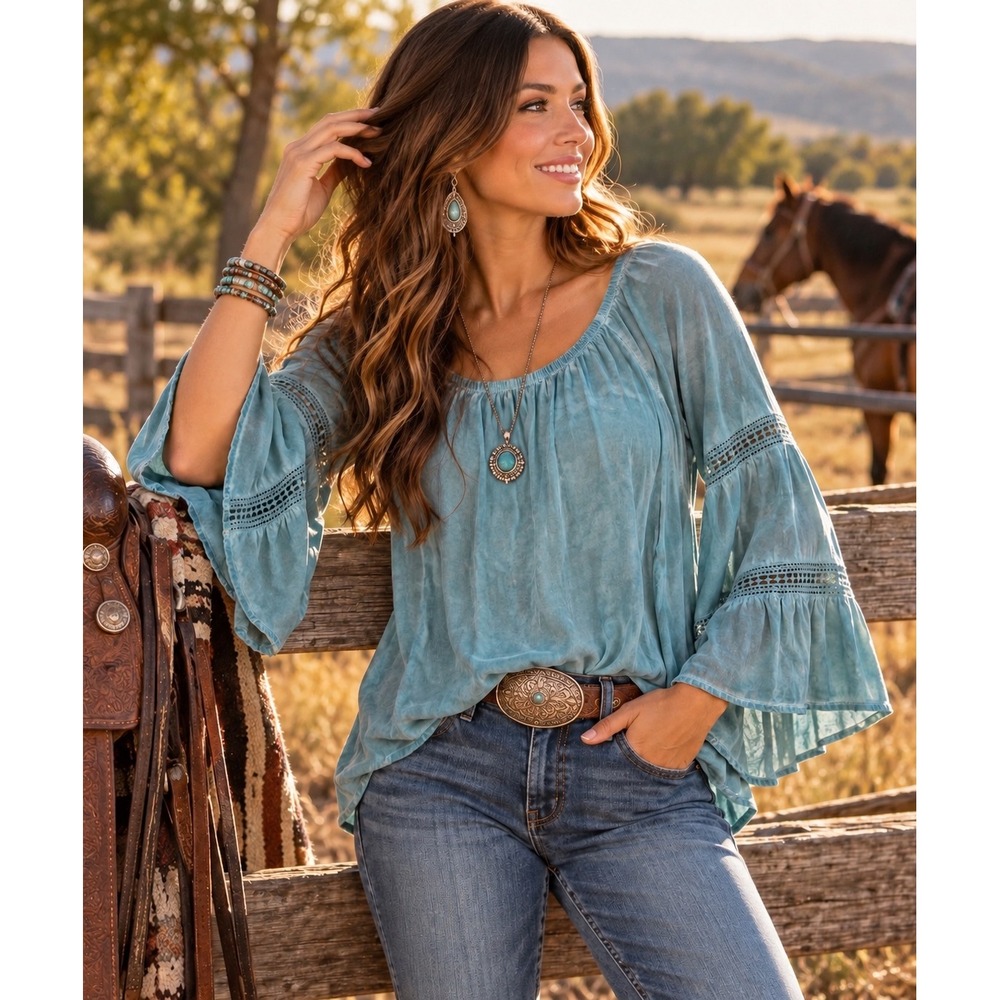 Spense Boho Bell Sleeve Blouse Large Dusty Blue Crochet Trim Peasant Hippie Top